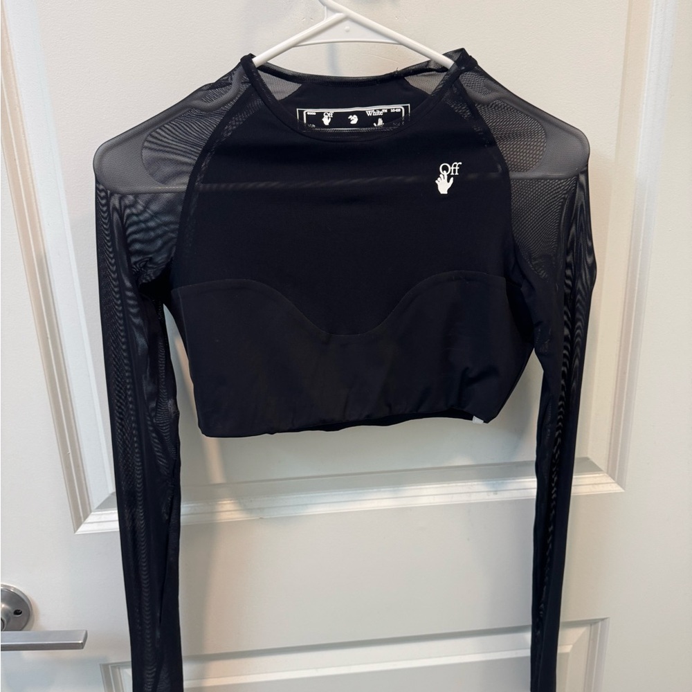 Off-White Black Sheer Sleeve Crop Top and Leggings Set